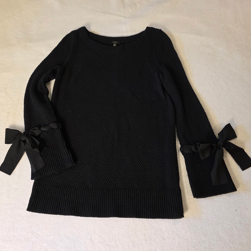 Talbots Black Lambswool Blend Bow Sleeve Knit Sweater Pullover Medium